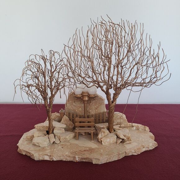 Unique Artisan GW Sanders Stone & Wire Double Tree Sculpture on Marble OOAK 1998